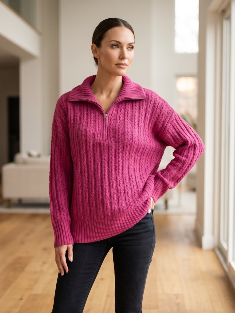 Pink Lily Fuchsia Cable Knit Half Zip Sweater